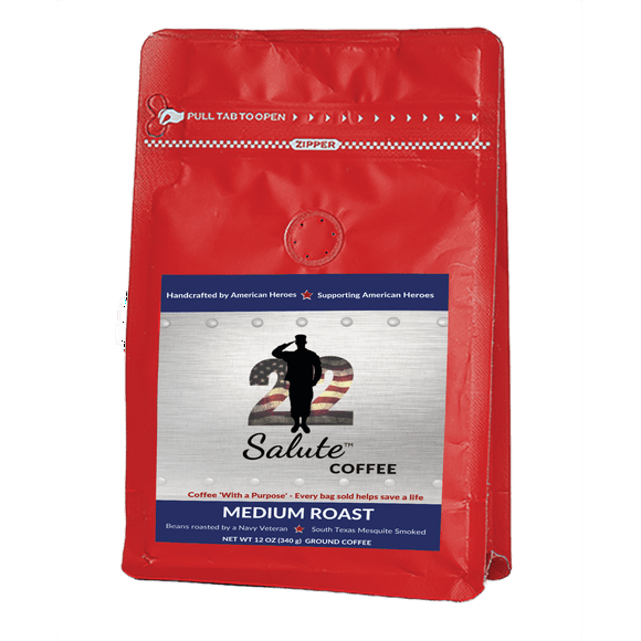 22 Salute Coffee Texas Mesquite Smoked, Medium Roast, Specialty Arabica Coffee, 12oz bag, Ground