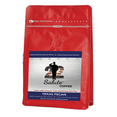 22 Salute Coffee Texas Mesquite Smoked, Texas Pecan, Specialty Arabica Coffee, 12oz bag, Ground