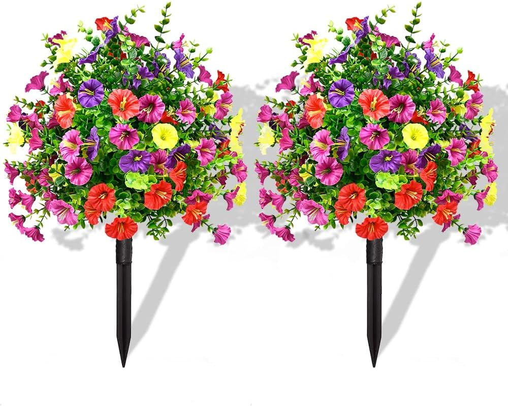 22" Set of 2 Artificial Topiary Ball with Morning Glory Flowers with Spikes for Outdoor, UV Resistant Faux Greenery Shrubs, Realistic Fake Bushes Plants for Garden, Yard, Front Porch, Patio Decor