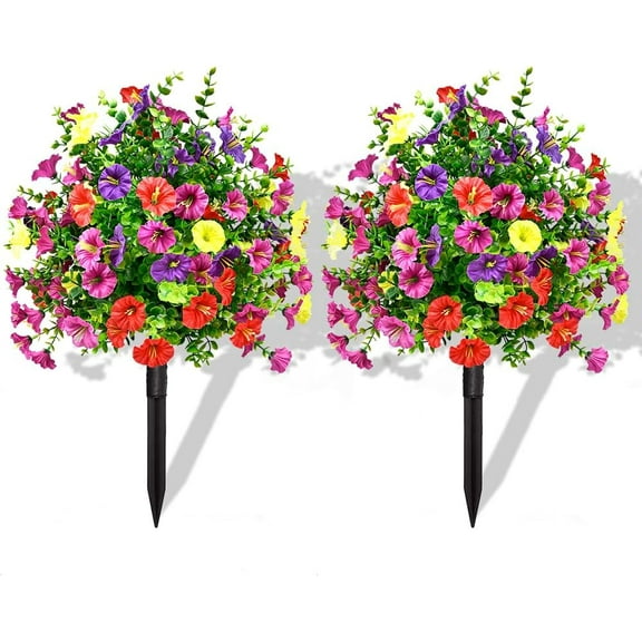 22" Set of 2 Artificial Topiary Ball with Morning Glory Flowers with Spikes for Outdoor, UV Resistant Faux Greenery Shrubs, Realistic Fake Bushes Plants for Garden, Yard, Front Porch, Patio Decor