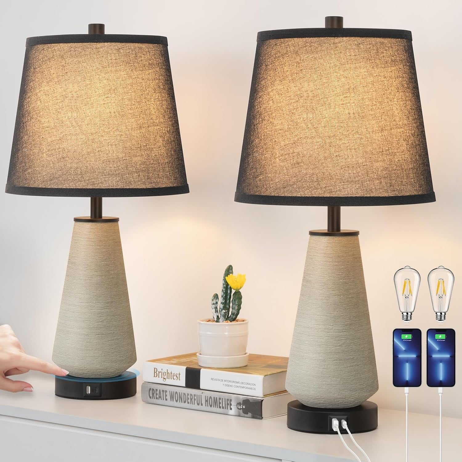 22" Set of 2 Touch Control Table Lamps, 3-way Dimmable Ceramic Bedside ...