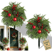 23.6" Set of 2 Artificial Outdoor Christmas Trees with Ground Spikes,UV-Resistant Norfolk Pine with Red Berry Balls for Porch, Garden, Patio Decor