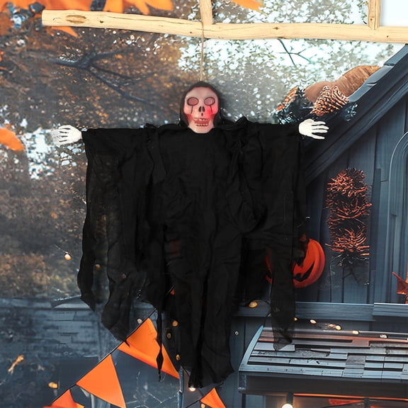 22" Shaking Halloween Grim Reaper Props,Halloween Hanging Death Skeleton Body with Spooky Sound, Animated Skeleton Scary Halloween Props for Indoor,Outdoor,Haunted House,Yard