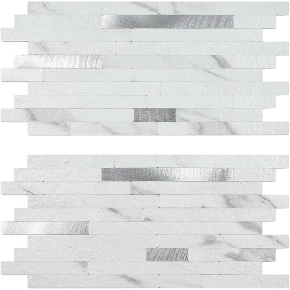22-Sheet Faux Stone Peel and Stick Backsplash, Slate White Marble Look PVC with Metal Wall Tiles Stick on Backsplash for Kitchen Bathroom (10.63 sq.ft/Pack)