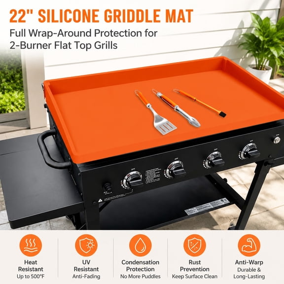 22" Silicone Griddle Mat for Portable Flat Top Grill - Anti-Warp, UV-Resistant, Non-Stick Surface, Condensation & Rust Protection, Orange