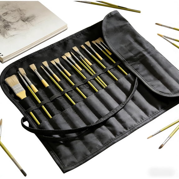 22-Slot Canvas Paint Brush Holder - Artist Paint Brush Roll-Up Storage Bag for Watercolor, Acrylic & Oil Brushes, Portable Travel Organizer Case for Art Supplies, Pencils & Tools (Black) P