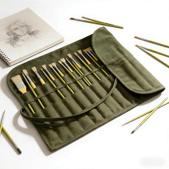 22 Slots Roll Up Paint Brush Holder – Makeup Brush Case, Portable Travel Organizer for Oil, Acrylic, Watercolor & Calligraphy Brushes (15.7x13in) (Army Green)