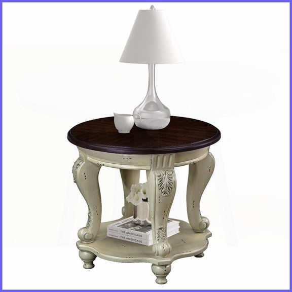 22'' Small Space Round Coffee Table - Antique Chipped White Living Room End Table, Heat-Resistant & Easy Assembly