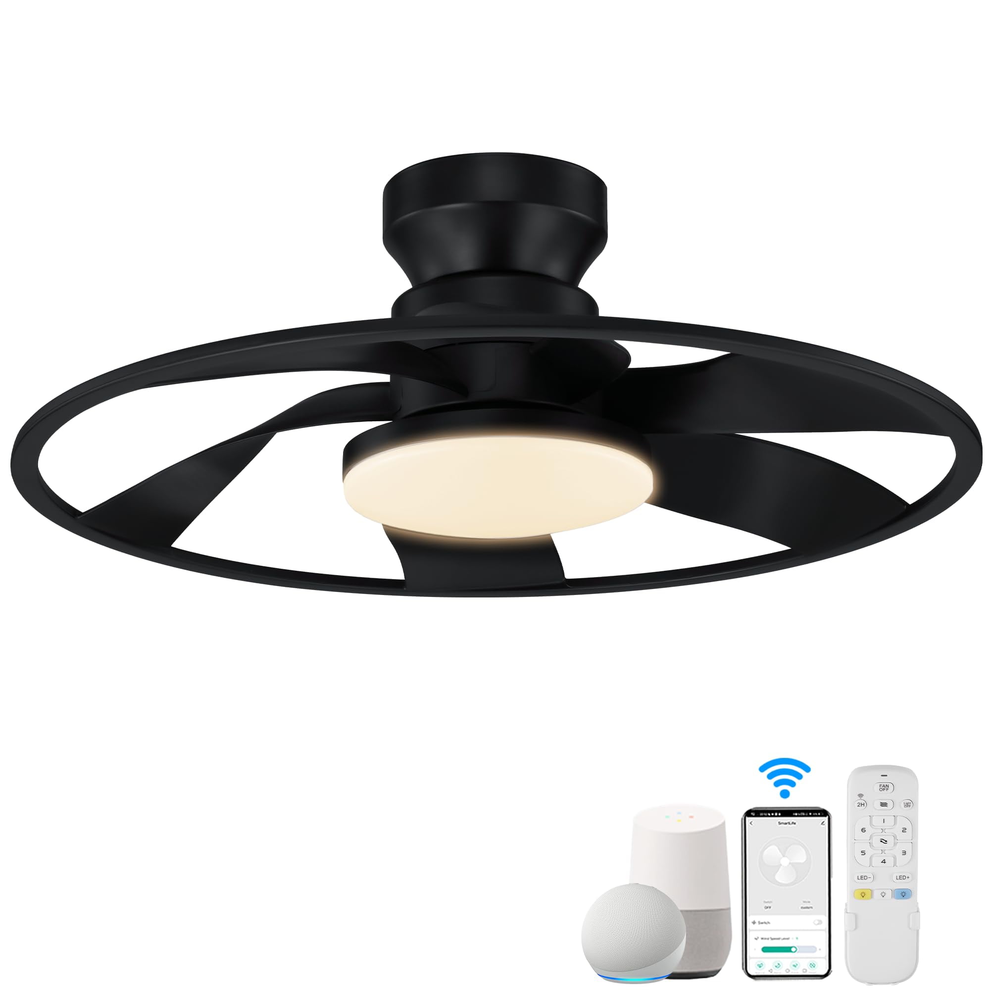 22" Smart Low Profile Ceiling Fans with Lights Remote,Quiet DC Motor,Bladeless Flush Mount