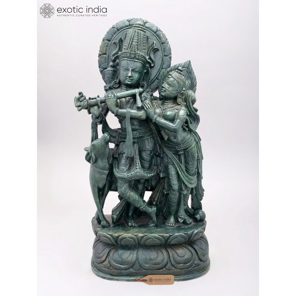 22" Standing Radha Krishna with Cow | Green Stone Statue from Odisha