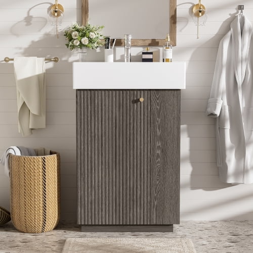 22" Sturdy Modern Freestanding Vanity Cabinet, Modern Bathroom Cabinet with Ceramic Sink, Freestanding Vanity with Soft Close Door for Bathroom, Dark Gray