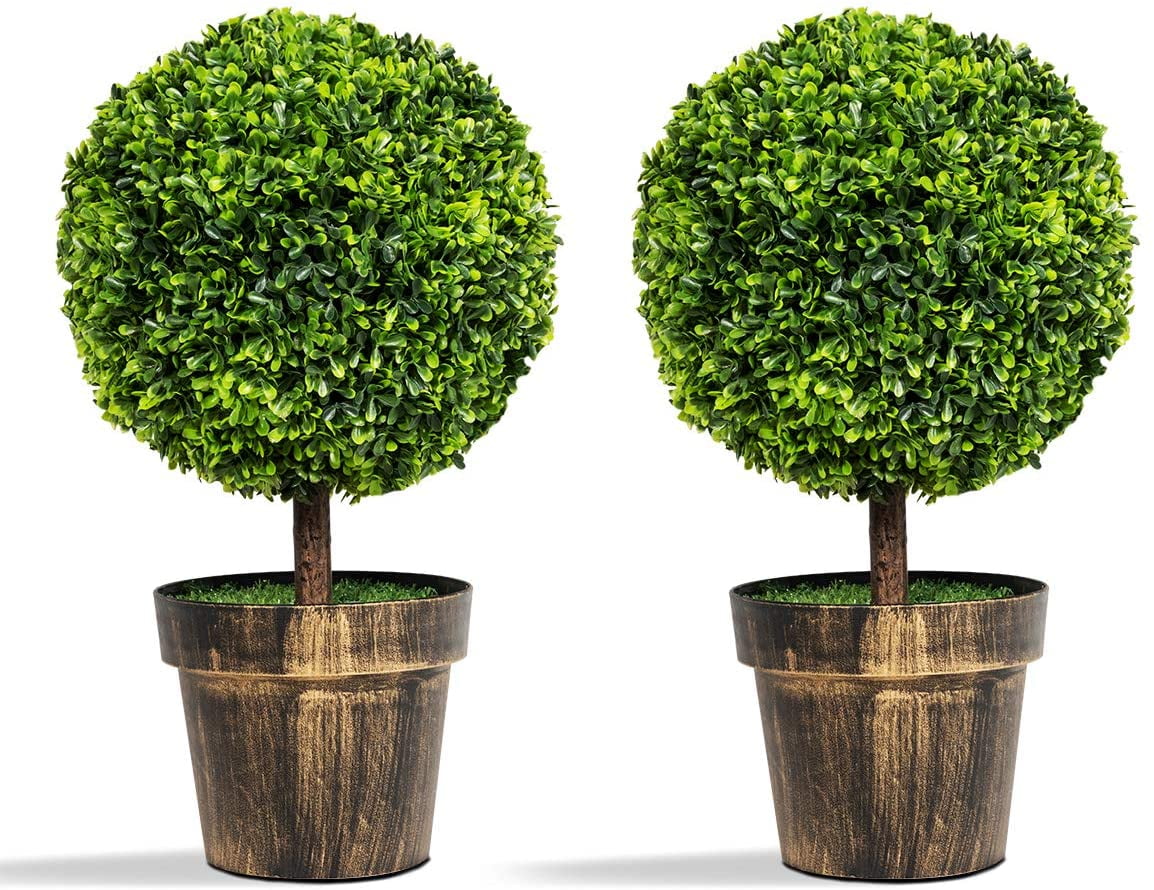 22" Green Artificial Boxwood Topiary Trees in Bronze Cement Pots, Set of 2
