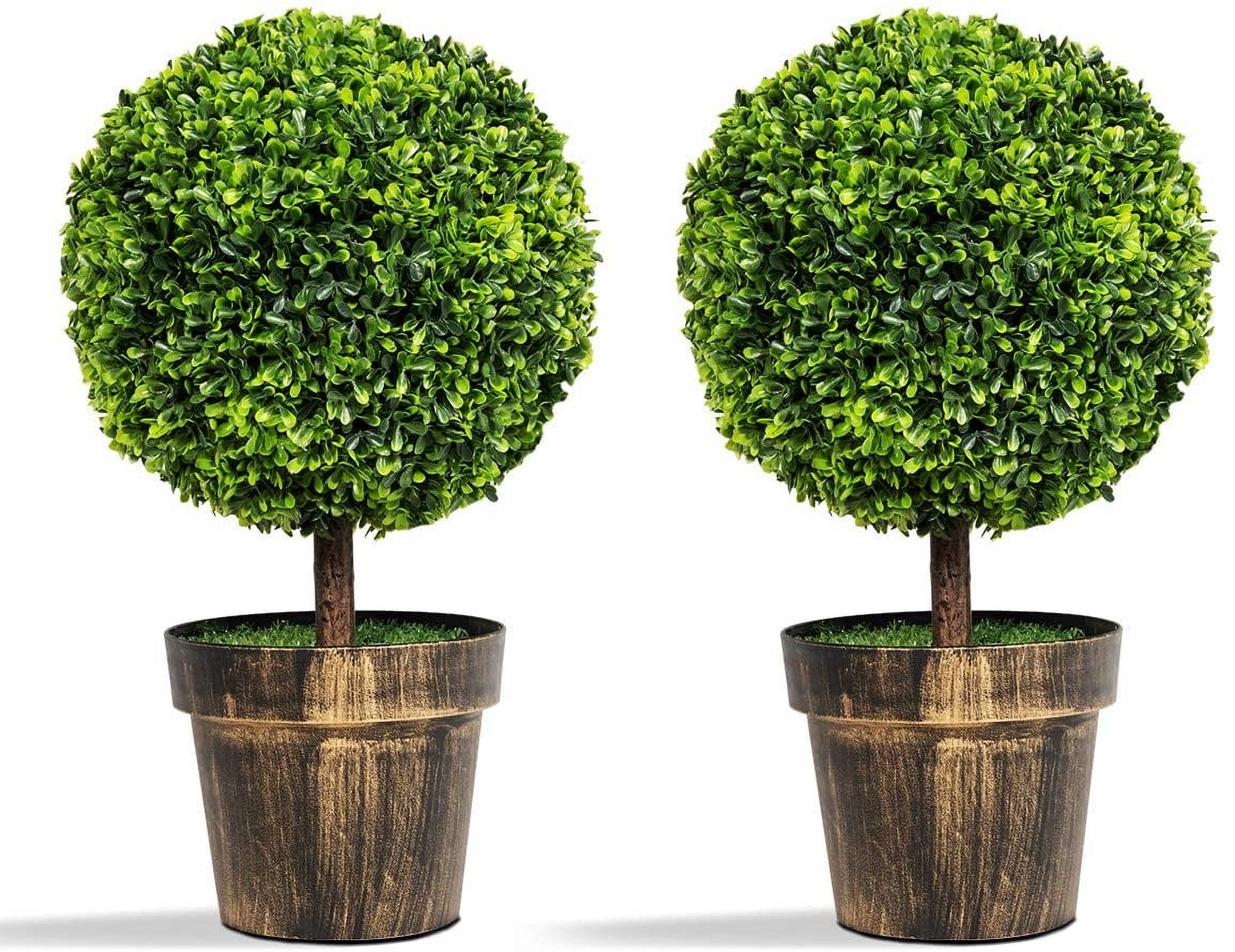 22" Green Artificial Boxwood Topiary Trees in Bronze Cement Pots, Set of 2