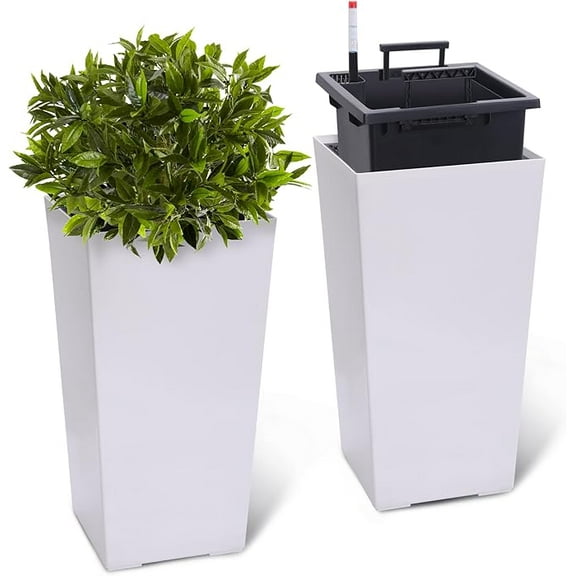 22" Tall Planter Set of 2,Heavy Duty Tall Planter,High Front Porch Planter Pots with Drainage Holes＆Water Level Monitor＆Inner Bucket, Automatic Watering,Indoor/Outdoor,Tree,White