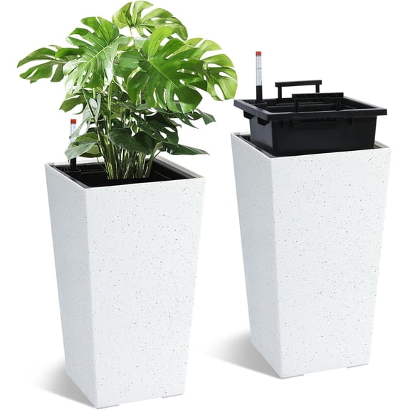 22" Tall Planters Set of 2, Outdoor＆Indoor Black Planter Pots, High Front Porch Planter Pots with Drainage Holes＆Water Level Monitor＆Inner Bucket, Automatic Watering, White with Black Dots
