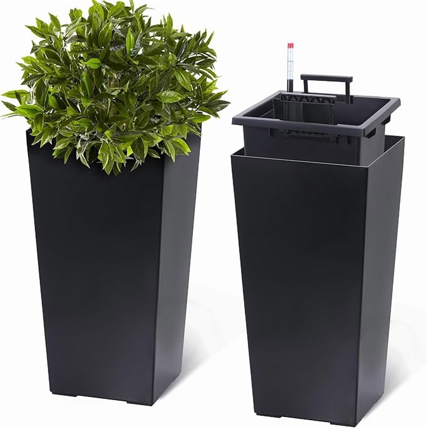 22" Tall Planters Set of 2, Outdoor＆Indoor Black Planter Pots, High Front Porch Planter Pots with Drainage Holes＆Water Level Monitor＆Inner Bucket, Automatic Watering, Black