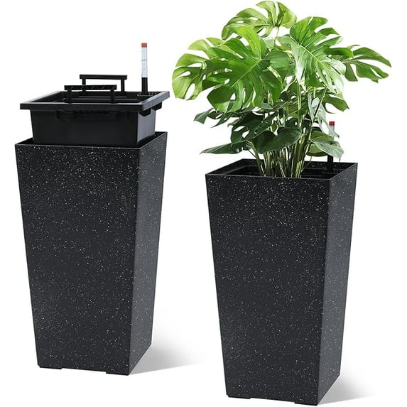 22" Tall Planters Set of 2, Outdoor&Indoor Black Planter Pots, High Front Porch Planter Pots with Drainage Holes&Water Level Monitor&Inner Bucket, Automatic Watering, White with Black Dots