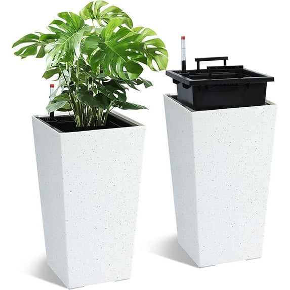 22" Tall Planters Set of 2, Outdoor&Indoor Black Planter Pots, High Front Porch Planter Pots with Drainage Holes&Water Level Monitor&Inner Bucket, Automatic Watering, White with Black Dots