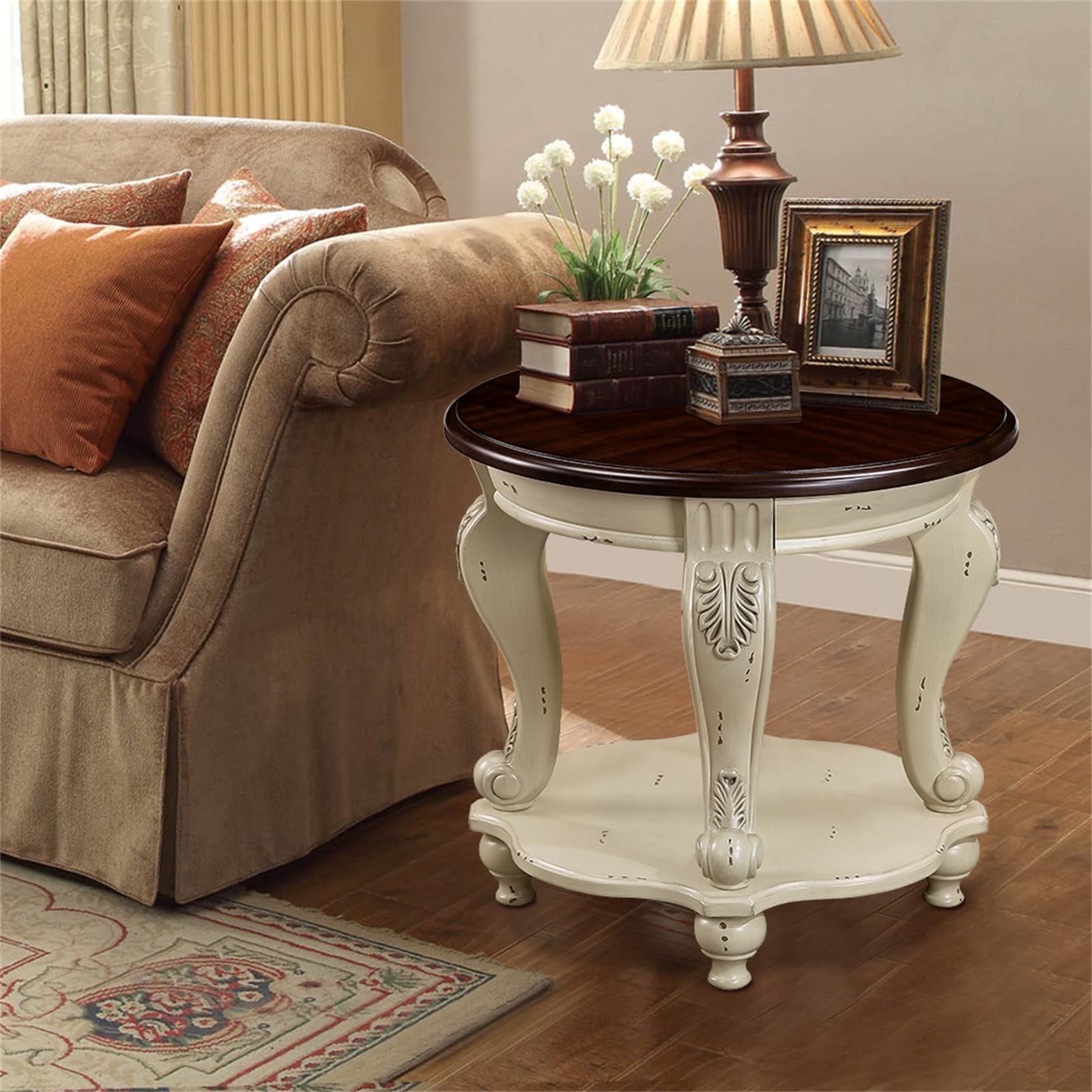 22" Two-Tone Round End Table - Solid Wood Side Table with Shelf & Carved Legs for Living Room, Vintage Style in Beige and Espresso