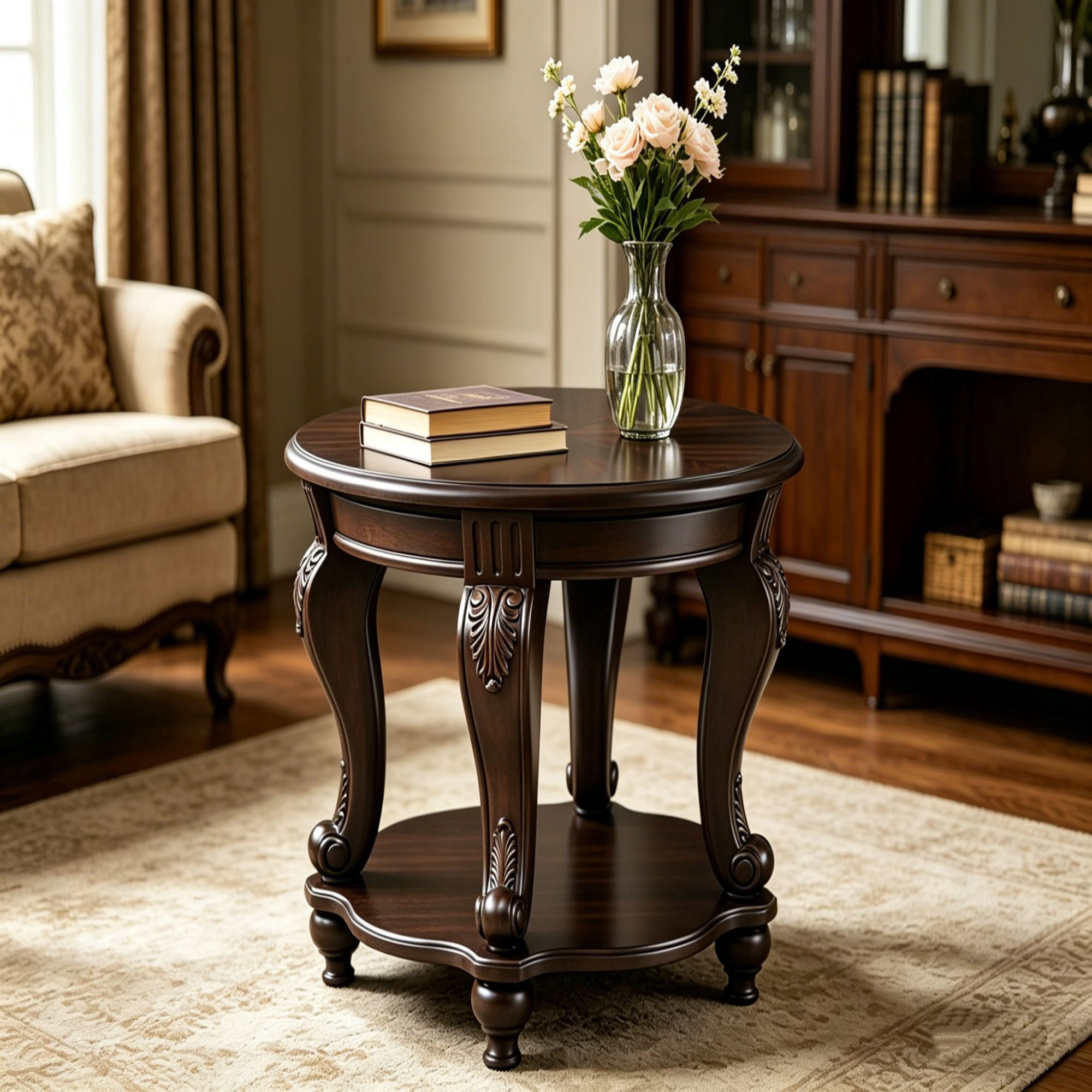 22" Vintage Round End Table - Solid Wood Side Table with Shelf & Carved Legs for Living Room, Farmhouse Style in Espresso