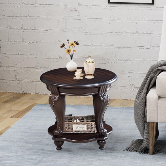22" Vintage Round End Table - Solid Wood Side Table with Shelf & Carved Legs for Living Room, Farmhouse Style in Espresso