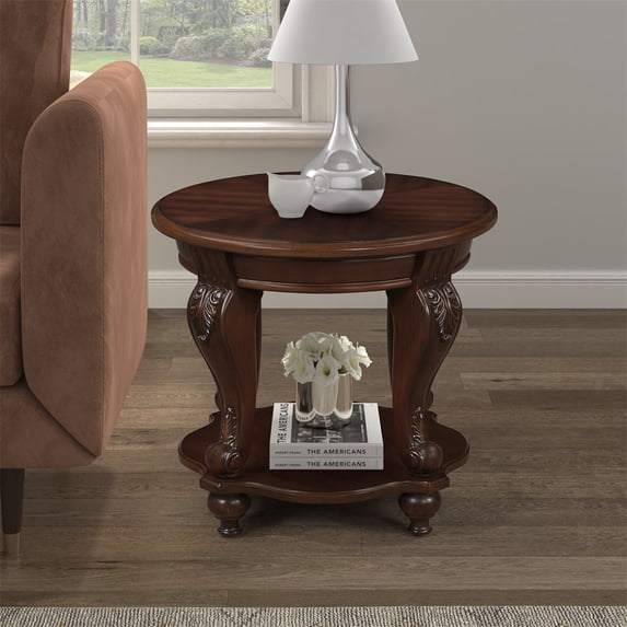 22"W Farmhouse Round Side Table with Lower Shelf, Modern Mid-Century End Table, Wooden Legs Supports, Easy Assembly Coffee Table for Living Room, Small Spaces