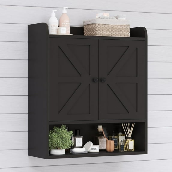 POAO Bathroom Wall Storage Cabinet, Wooden Medicine Cabinet with Adjustable Shelves and Double Barn Doors, Over The Toilet Storage Cabinet,Black