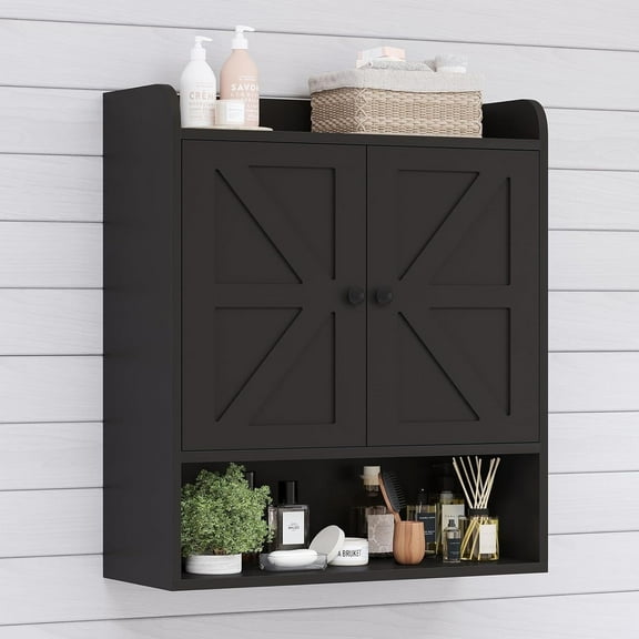 POAO Bathroom Wall Storage Cabinet, Wooden Medicine Cabinet with Adjustable Shelves and Double Barn Doors, Over The Toilet Storage Cabinet,Black