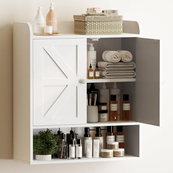 POAO Bathroom Wall Storage Cabinet, Wooden Medicine Cabinet with Adjustable Shelves and Double Barn Doors, Over The Toilet Storage Cabinet,White