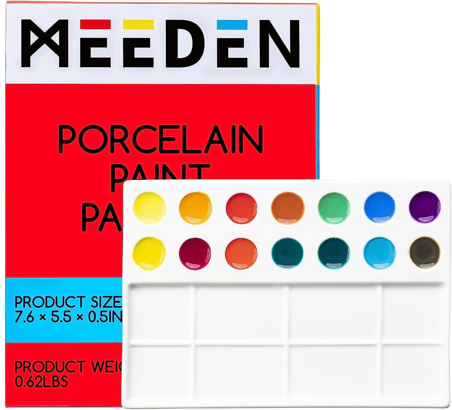 22-Well Ceramic Watercolor , Rectangle Porcelain Artist Paint , 7.6'' × 5.5'' Ceramic Mixing Tray for Gouache, Watercolor, Acrylic Painting