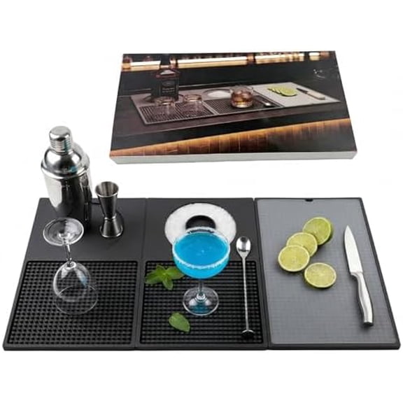 22" X 12" Foldable Multifunctional Bar Mat with Built-in Cutting Board, Non-Slip Bartender Drying Mat, Black Bar Counter Accessory Decor for Home Bar, Outdoor Bar & RV Use
