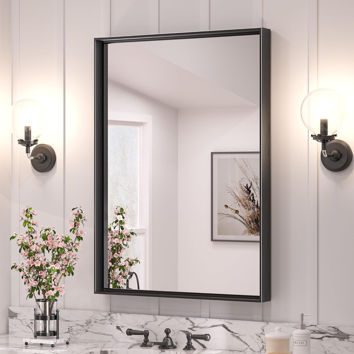 22 X 30 Inch Rectangle Matte Black Metal Frame Bathroom Vanity Mirror ...