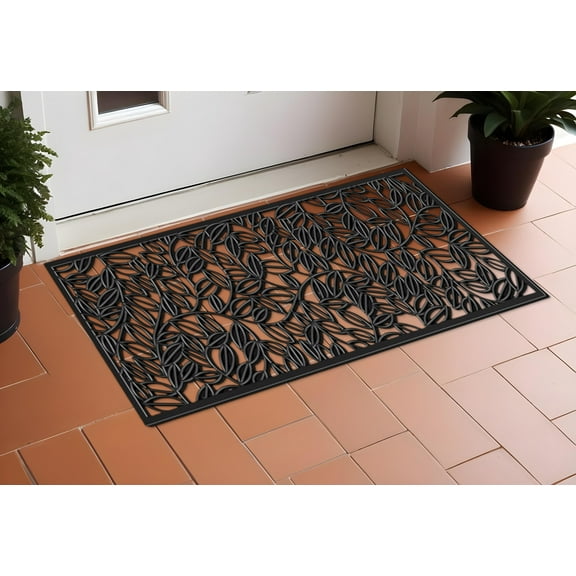 22" X 48" Black Rubber Botanical Leaves Outdoor Door Mat