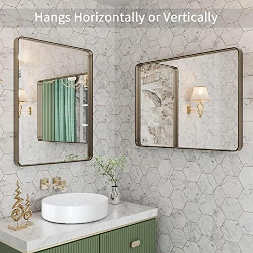 22”X30” Bronze Bathroom Mirrors for Vanity, Rounded Rectangle Brushed Bronze Metal Frame Mirror, Anti-Rust, Hangs Horizontally or Vertically
