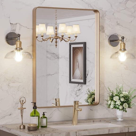 22X30 Gold Bathroom Mirror, Rounded Rectangle Gold Frame Mirror, Brushed Gold Bathroom Vanity Mirror Wall-Mounted, Anti-Rust, Hangs Horizontally or Vertically