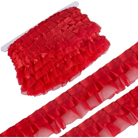 22 Yards 2 Layer Organza Lace Ribbon Pleated Satin Lace Edge Trim 1.6 Inch Wide Red Ruffle Chiffon Edging Trimmings Tulle Fabric for Cloth Applique Embellishment DIY Sewing Crafts