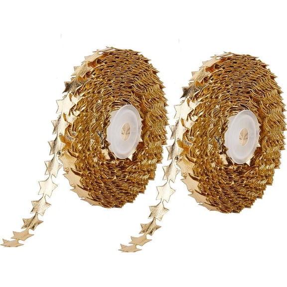 22 Yards 2 Rolls Glitter Star Ribbon Trim Golden Sparkly Patriotic Star Embellishment Decoration 0.5 Inch Wide Polyester Veterans Day Star Lace Trim for Christmas Wedding Gift Wrapping