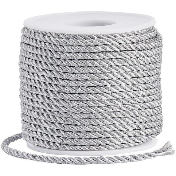22 Yards/20M Decorative Rope Trim Twisted Cord Ribbon 3mm Silver 3-Ply Twist Cording Trim Thread Ropes for Graduation Honor Cord Handfasting Home Decor Upholstery Curtain Tieback