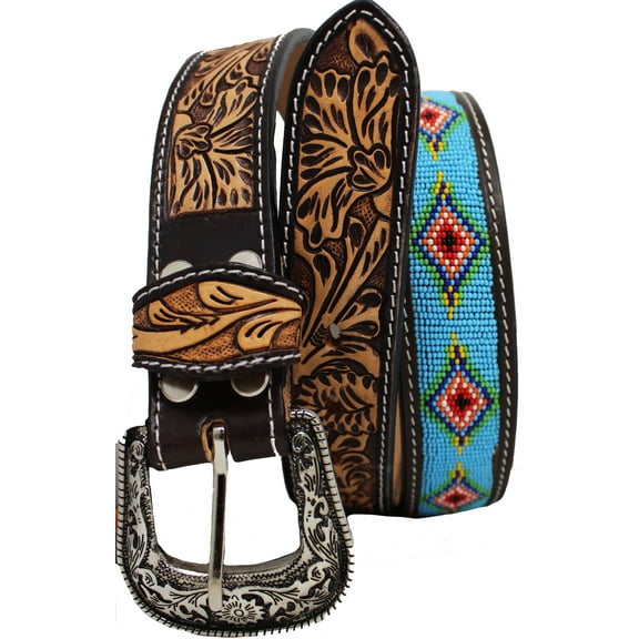 22  Youth 1-1/4" Western Basket Tooled Beaded Full-Grain Leather Belt 26RT39C