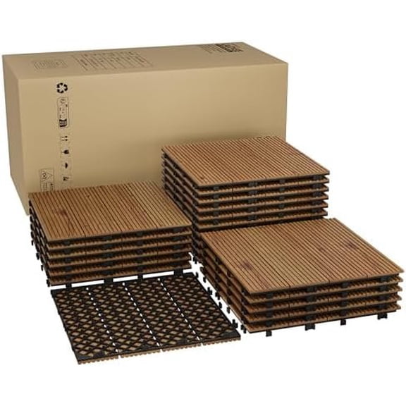 22 count Composite Deck Tiles, 12"X12" Solid Acacia Flooring for Outdoor & Indoor, Weather Snap Together Patio Tiles for Balcony, Poolside, Deck,Brown