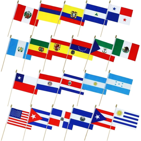 22 count Handheld Latin Countries Flags, 5.5 x 8.1 Inch Latin Countries Stick Flags Set, Spanish Speaking Country Hand Held Flag for Match Birthday Party Celebration Anniversary