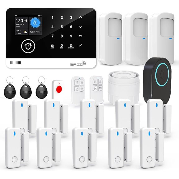 22 count WiFi/GSM/2G System, App , Motion Detector, Door and Window Sensors, Remote Controls, Siren, Compatible with Alexa & Assistant