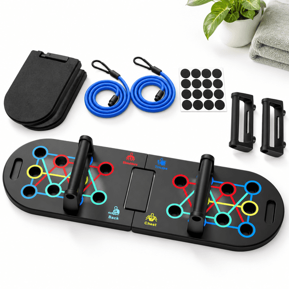 22-in-1 Foldable Push Up Plank Board with Resistance Bands and Foam Elbow Pads
