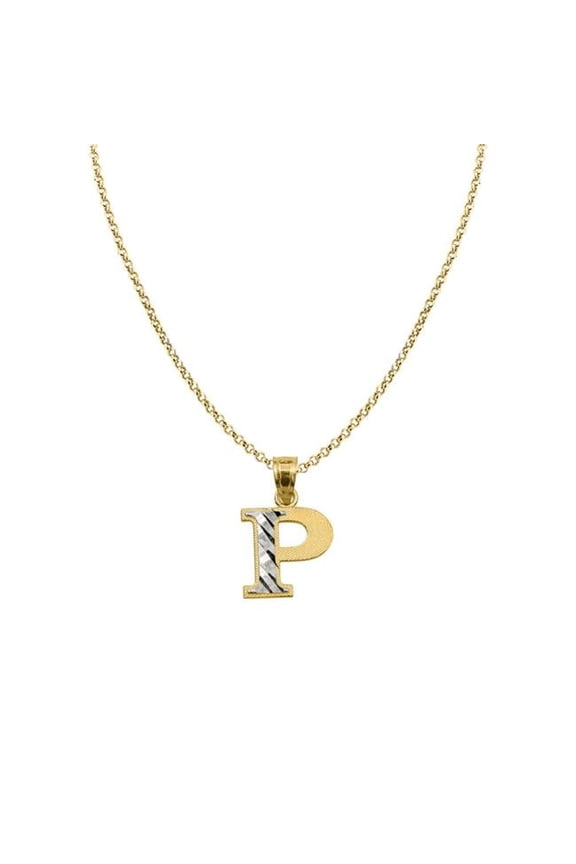 22 in. 14K Two Tone Gold Diamond-Cut Initial Letter P Pendant with 1.2 mm Rolo Chain