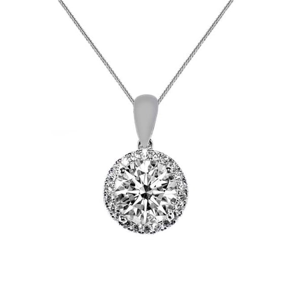 22 in. 14K White Gold 9 mm Round-Cut Cubic Zirconia Halo Pendant with 0.8 mm Wheat Chain