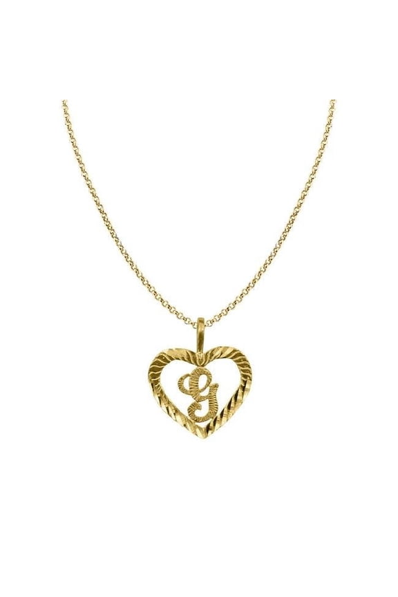 22 in. 14K Yellow Gold Diamond-Cut Heart-Shaped Initial Letter G Pendant with 1.2 mm Rolo Chain