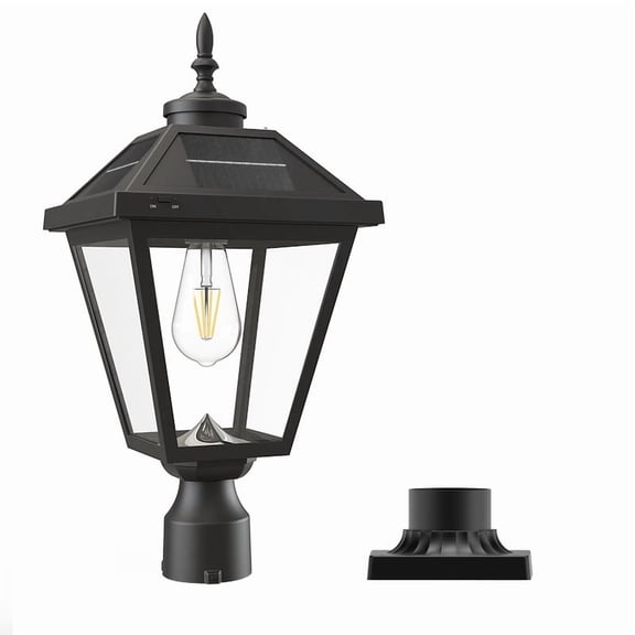 22-in Black Clear Glass Outdoor Solar Post Lantern Dusk-to-Dawn