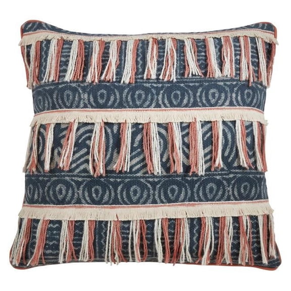 22 in. Block Print Embroidered Fringed Down Filled Pillow, Blue
