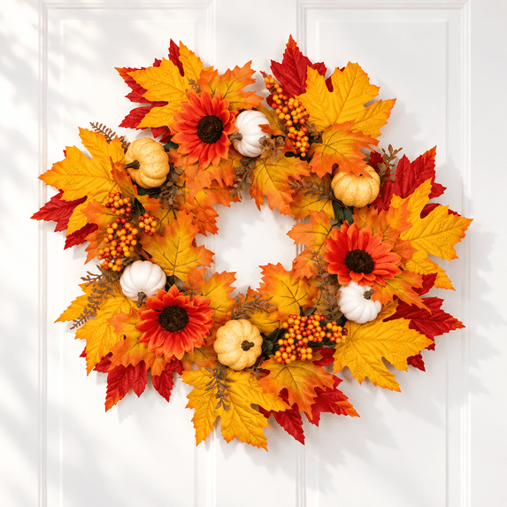 22 in Fall Sunflower Wreath, Pumpkin and Maple Leaf Door Wreath for Front Door, Wall, Porch and Thanksgiving Decor