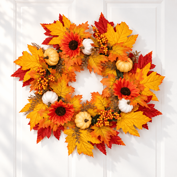 22 in Fall Sunflower Wreath, Pumpkin and Maple Leaf Door Wreath for Front Door, Wall, Porch and Thanksgiving Decor